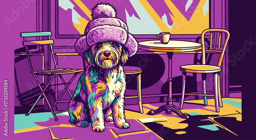Adorable colorful dog wearing a fun hat sits patiently by a table with a cup, a whimsical cafe scene that brings joy and lightheartedness