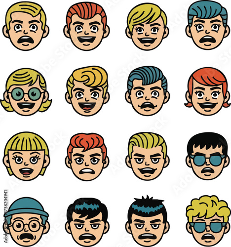A grid of diverse cartoon faces and headshots, featuring various hairstyles, facial expressions, and features for different people.