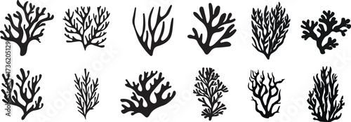 Black coral silhouette set featuring diverse marine reef shapes, branching structures, ocean biodiversity elements for nature, science, and design use.