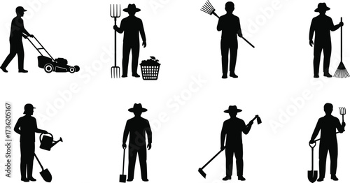 Black Silhouette Vector Set of Gardeners with Tools Performing Farming and Gardening Activities for Agriculture, Landscaping, and Outdoor Work Concepts