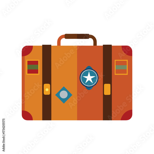 Vintage orange suitcase with travel stickers luggage