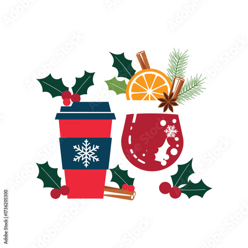 Christmas Hot Drinks with Holiday Decorations Illustration