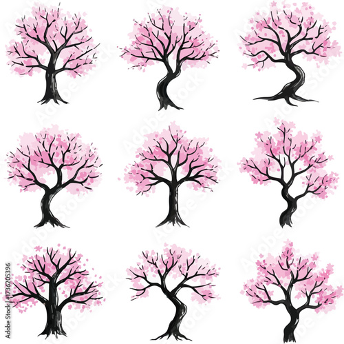 A collection of nine stylized cherry blossom trees with vibrant pink flowers and dark trunks, depicted in a watercolor-like art style on a clean white background.
