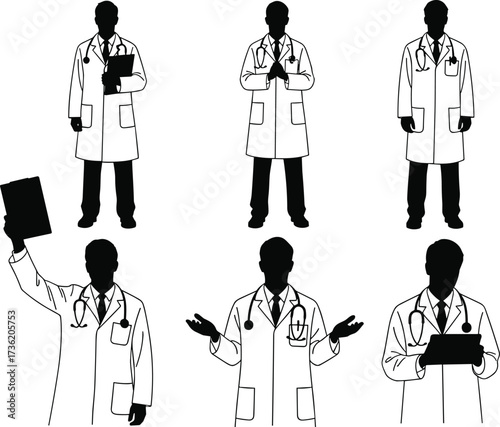 Medical professionals in lab coats and stethoscopes performing various tasks and gestures, healthcare team silhouettes for hospital, clinic, and doctor concepts