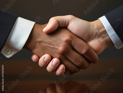 Handshake of Agreement: An up-close shot of a business handshake, with hands clasped in a firm grip, conveying the essence of cooperation, partnership, and mutual respect.