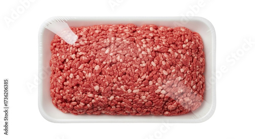 Tableau sur toile Isolated ground beef in a styrofoam tray shrink-wrapped for freshness, viewed fr