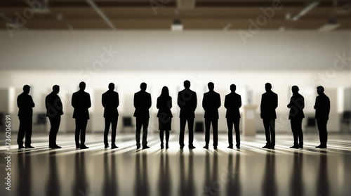 Shadow of Leadership: Silhouette of a diverse group of business professionals standing together, illuminated against a bright, modern interior, representing teamwork, unity, and collective goals.
