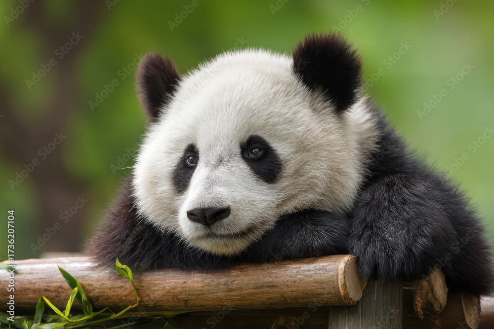 Fototapeta premium Cute Panda Resting on Bamboo with Green Background