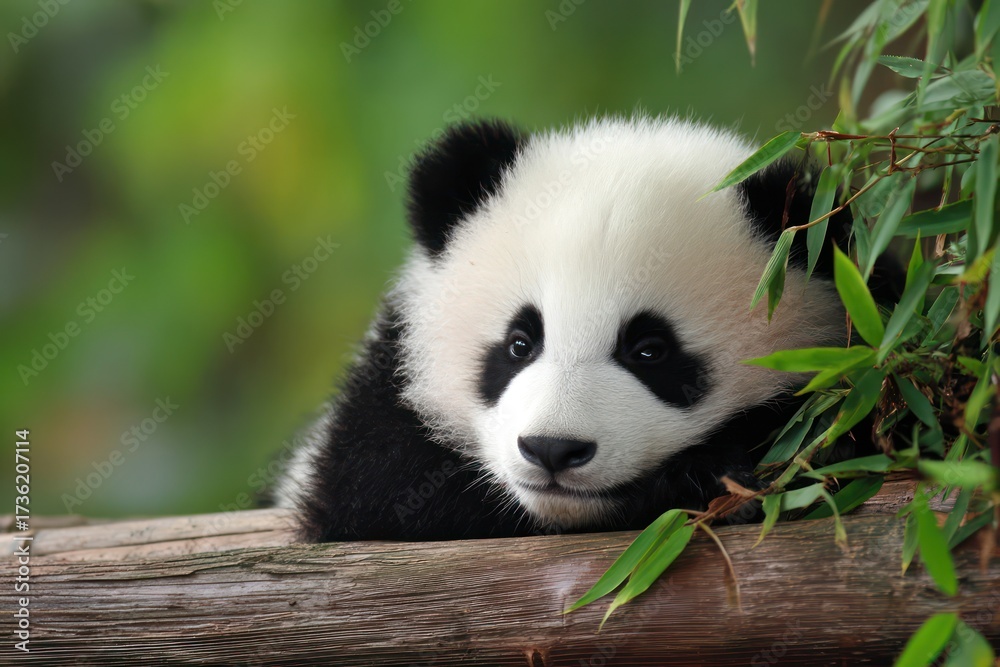 Fototapeta premium Cute Panda Resting on Bamboo with Green Background
