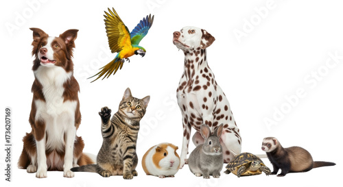 Canvas Print Isolated diverse pets group brown white border collie macaw tabby cat animals to