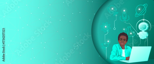 African boy with AI tutor in digital classroom with artificial intelligence. Future smart education technology. Horizontal vector illustration.
