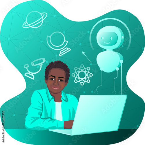 African boy with AI tutor in digital classroom with artificial intelligence. Future smart education technology. Isolated vector illustration.