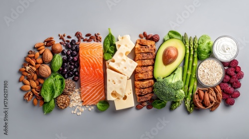 A variety of healthy food items arranged on a gray surface.