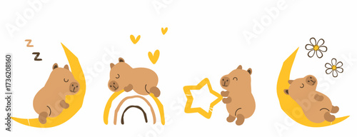 Cute capybara sleeping on moon and rainbow, holding star, decorated with daisy flower and hand drawn hearts, nursery clipart in warm yellow and brown vector.