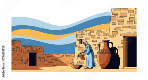 Middle Eastern man filling bowl with water in a traditional desert setting with clay buildings in
