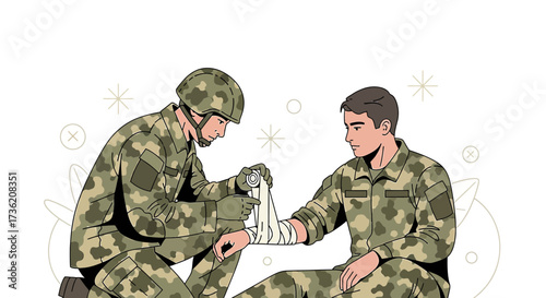 Military medic providing first aid to injured soldier wearing camouflage uniform illustration