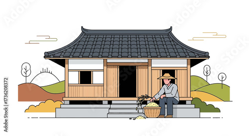 Minimalist vector illustration of a farmer harvesting rice at a traditional house peaceful rural