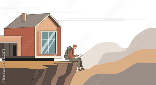 Minimalist vector illustration of a house on a cliff and a man sketching the view from the edge of