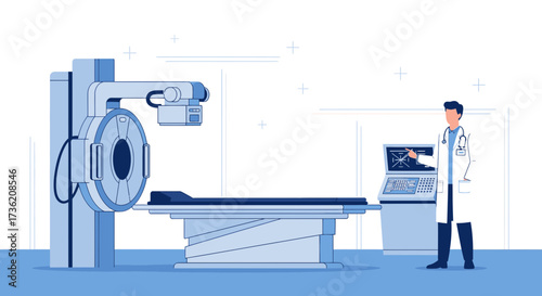Modern medical imaging illustration showcasing a doctor reviewing a computed tomography scan for