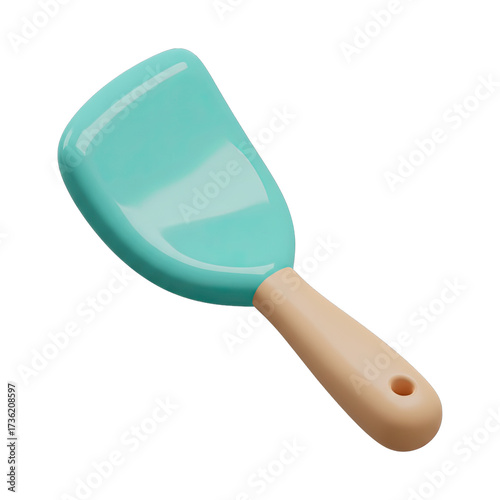 A charming 3D rendered light blue kitchen spatula with a smooth wooden handle, perfect for cooking and baking tasks, isolated on a clean white background.