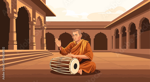 Monk playing traditional indian percussion dholak in serene courtyard background