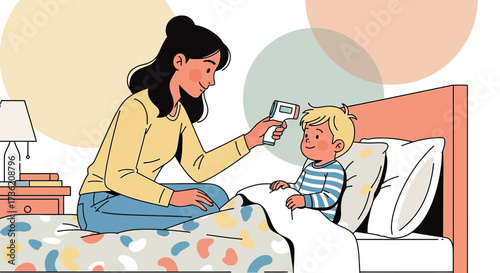 Mother checking child's temperature using contactless thermometer for health and care illustration