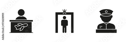 Airport Security And Check-In Solid Icon Set. Travel Safety, Passenger Screening, And Customs Control Silhouette Symbol Collection. Aviation Security Measures. Isolated Vector Illustration