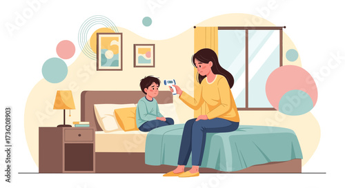 Mother checking her son's temperature with contactless thermometer in bedroom illustration in flat