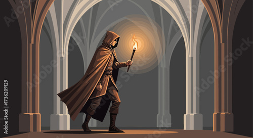 Mysterious hooded figure with a torch exploring gothic architecture corridors illustration