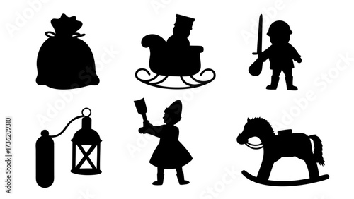 Christmas silhouette icons Santa, sleigh, gift bag, lamp, toy horse