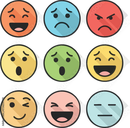 A collection of nine colorful flat design emoticons with long shadows, expressing various emotions like happiness, sadness, anger, and surprise.