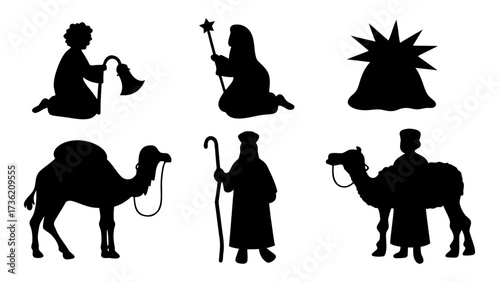 Vector silhouette icons of the biblical Christmas Nativity scene elements