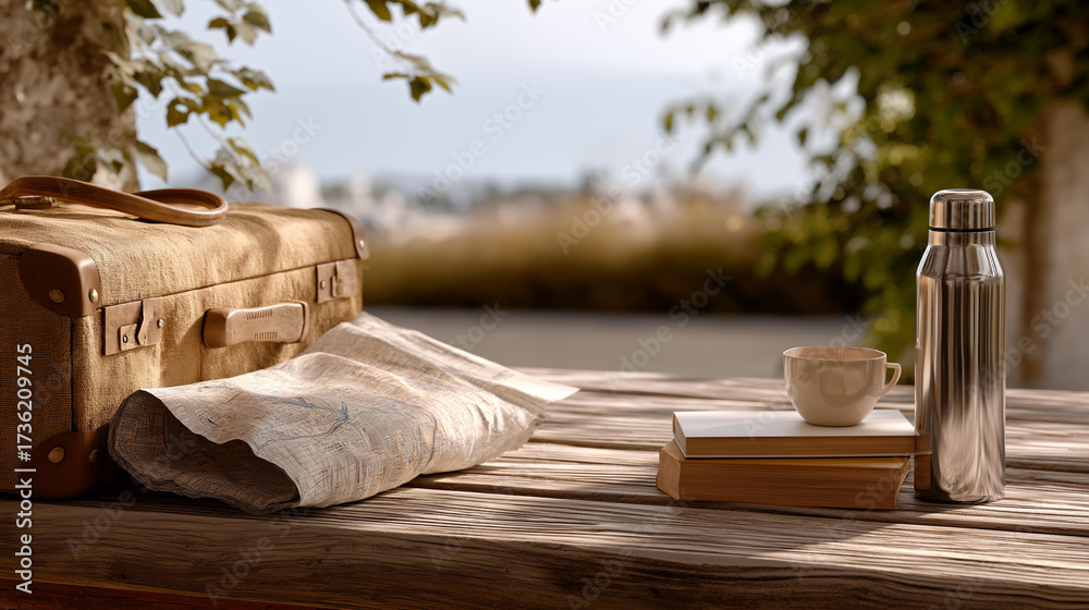 Obraz premium In a rural bus stop, a packed suitcase, its fabric frayed, rests on a wooden bench, its slats weathered, with no one around. A paper map, its folds creased, lies beside a metal thermos, its cap dent