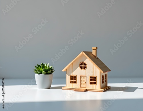 Minimalist Wooden House Model with Green Succulent White Background