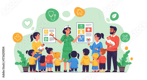 Pediatric healthcare presentation with nurse educating parents and children concept