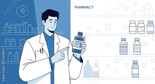 Pharmacist explaining syrup medication in pharmacy setting illustration for healthcare purposes
