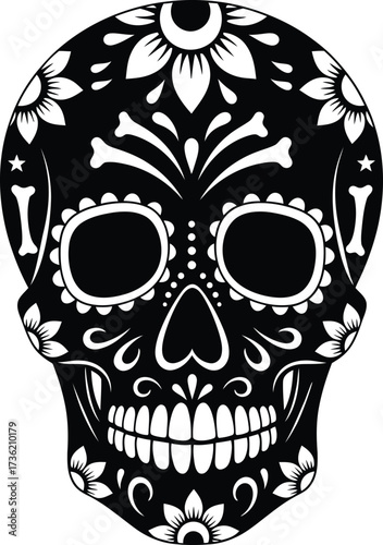 Black and White Decorated Sugar Skull with Flowers and Bones on White Background