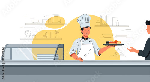 Professional chef serving dish to customer in restaurant setting with organized kitchen shelves