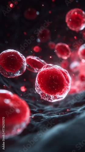 Vibrant red blood cells flowing through a dark, textured environment, showcasing dynamic movement and intricate details in a captivating biological scene