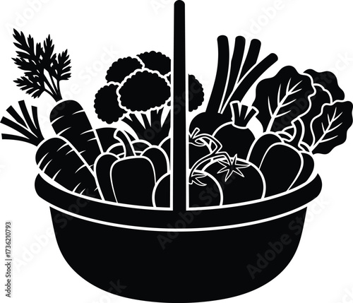 Black and White Silhouette of a Harvest Basket Full of Vegetables produce food