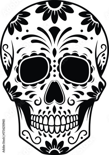 Black and White Ornate Sugar Skull with Floral and Swirl Decorations on White