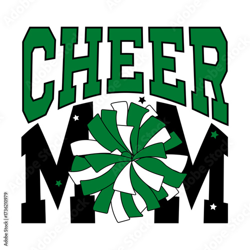 Cheer Mom illustration with Green and White Cheerleader Pom-pom. Boston cheerleading illustration.