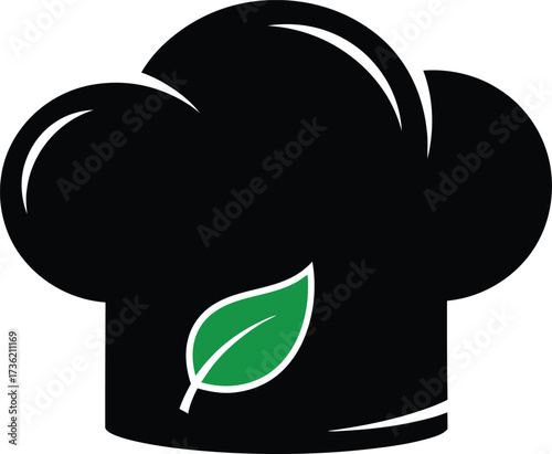 Black Chef Hat Icon with Green Leaf Accent on White Background cook hat toque blanche