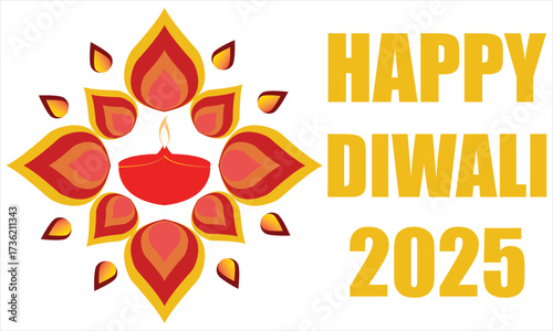 Happy Diwali 2025 greeting with festive Diya.Colorful Diwali 2025 greeting card featuring traditional oil lamp diya with decorative rangoli design on a bright festive background.EPS 10/ AI.