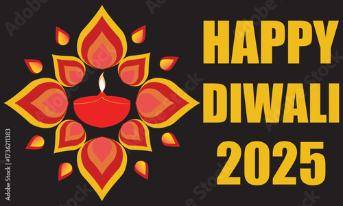 Happy Diwali 2025 greeting with festive Diya.Colorful Diwali 2025 greeting card featuring traditional oil lamp diya with decorative rangoli design on a bright festive background.EPS 10/ AI.