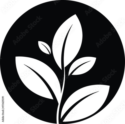 Black Circle Icon with White Silhouette of a Sprouting Plant leaf growth