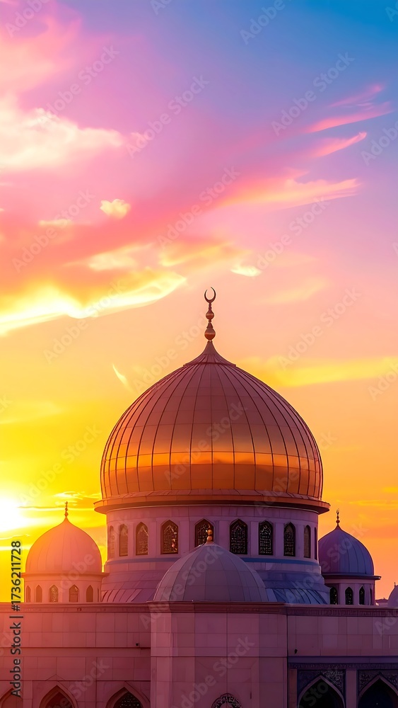 Obraz premium Golden domes of a mosque, bathed in the vibrant hues of a sunset sky, creating a serene and majestic scene.
