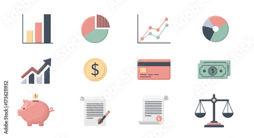 A collection of twelve flat design icons representing concepts in finance, business, economics, and law.