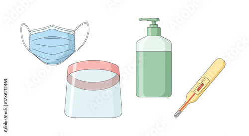 A collection of personal protective equipment and health monitoring tools for disease prevention.