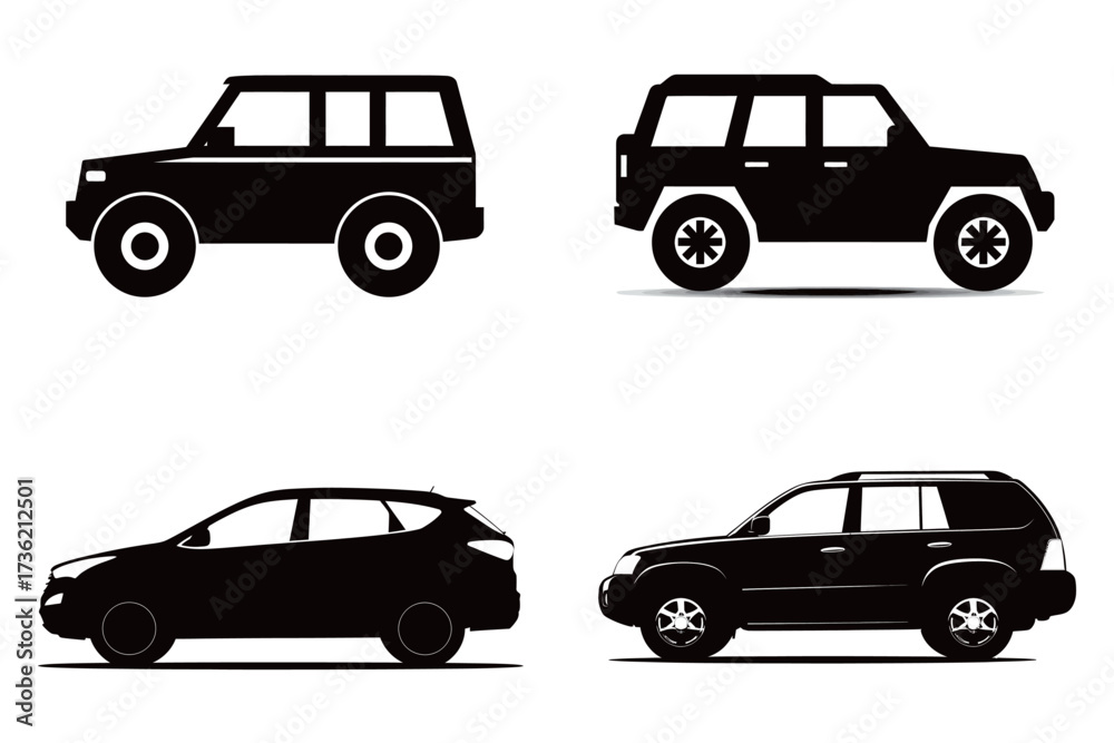 Obraz premium This artwork features four distinct SUV silhouettes, showcasing different designs and styles.